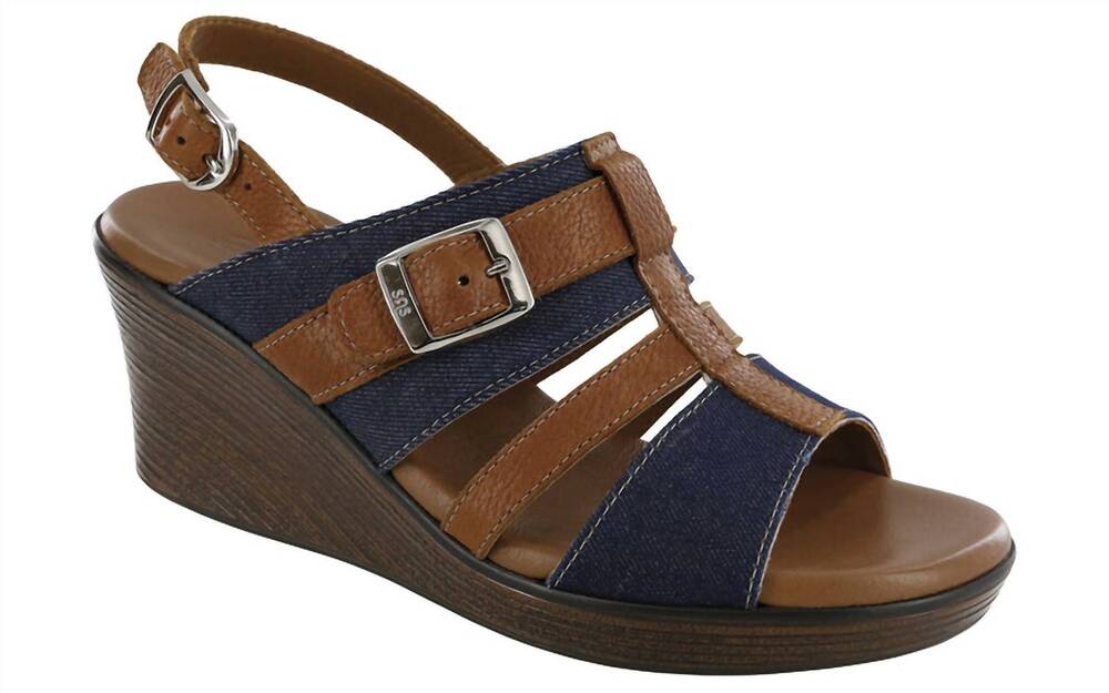 NEW SAS women's layla t-strap wedge sandal in blue jean